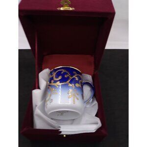 Kutahya Porselen Handcrafted Blue & Gold Scrolls White Porcelain Mug Cup W/ Box
